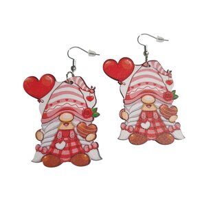 Valentine Gnome Wooden Earrings Cartoon Design Red White Heart Balloon Gift New